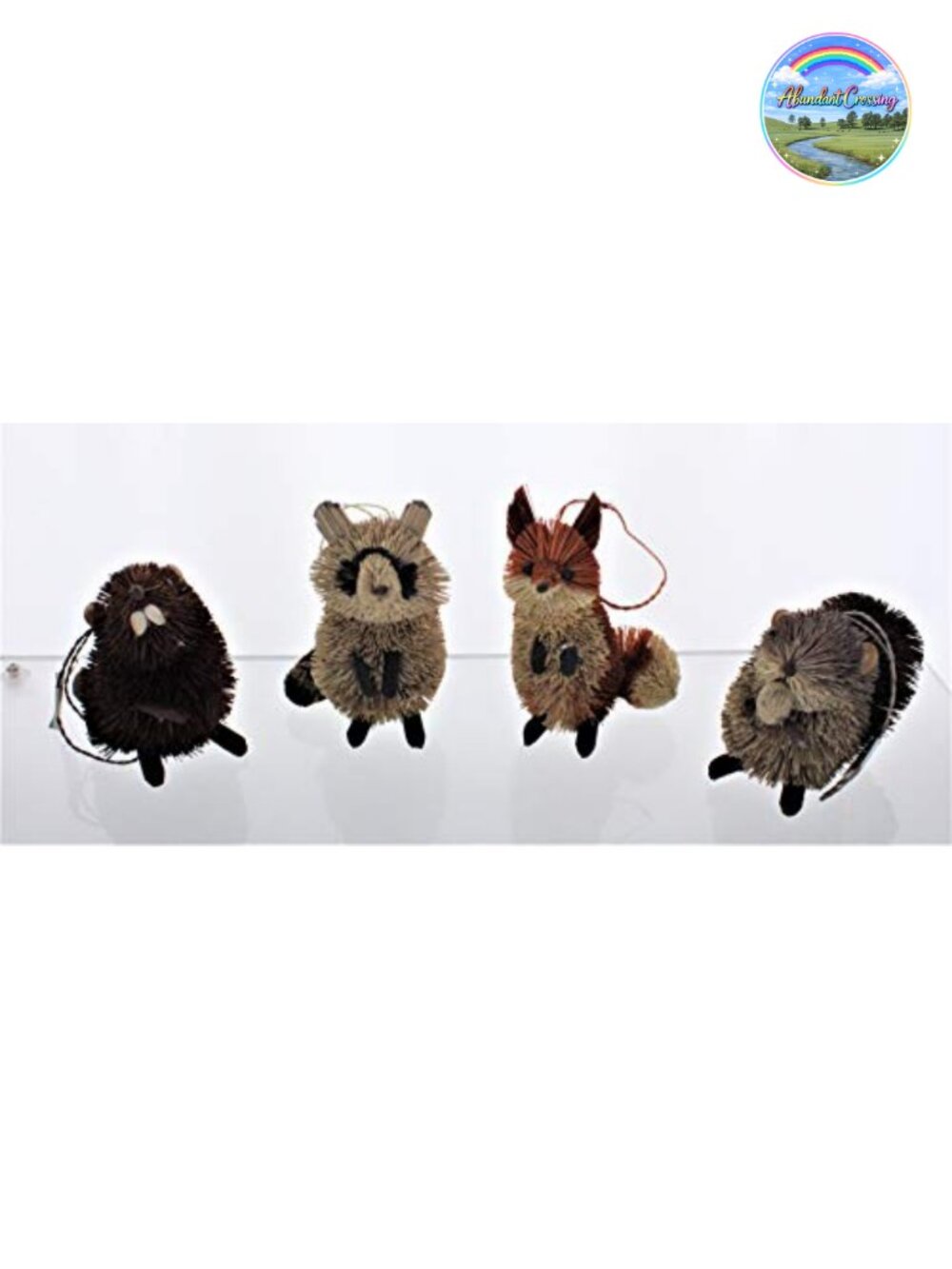 Woodland Animal Ornament Set Buri Straw Rattan 4pc Christmas Decor